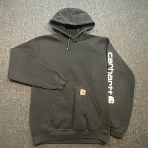 Carhartt Workwear Mens S Black Loose Fit Sleeve Logo Pullover Hoodie Sweatshirt